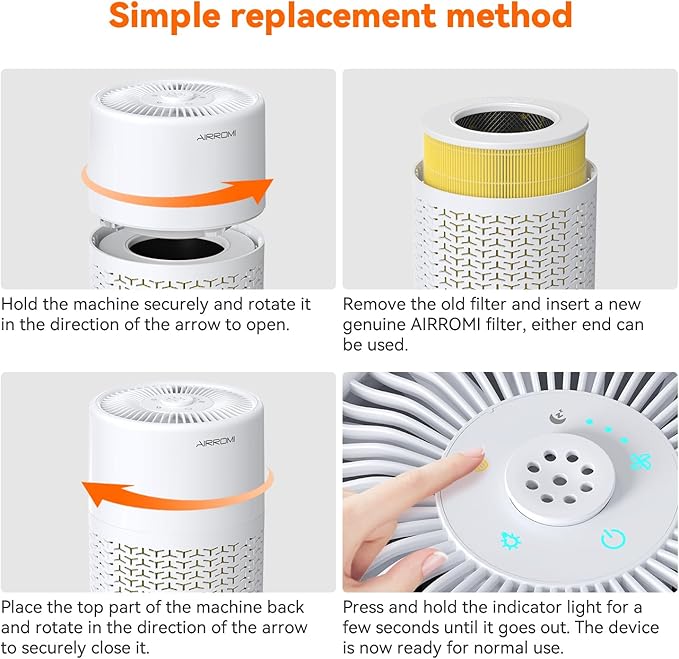 AIRROMI Pets Air Purifier for Home Allergies,Up to 660 ft².Yellow Deodorizing Activated Carbon Filter,With Fragrance Sponge for Better Sleep,Night Light,Pet Dander,Smoke,Odors,Air Cleaner A2002 White-CubbioJoy