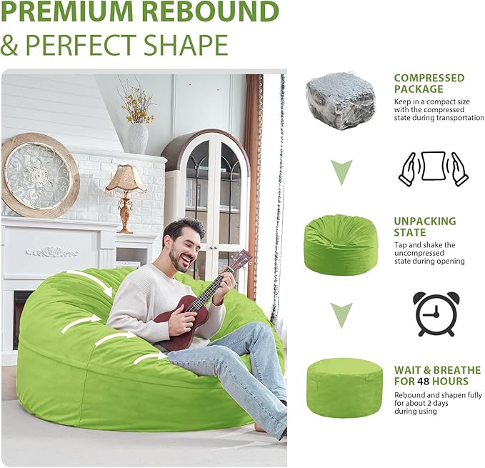 5FT Bean Bag Chair, Large Bean Bag Chairs with Memory Foam Filled, Fluffy Beanbag Sofa with Dutch Velvet Cover, Round BeanBag Chairs for Living Room, Playroom - Lime-CubbioJoy