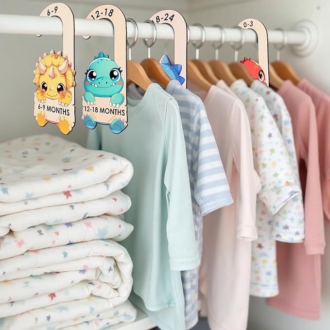 Baby Clothes Dividers for Closet - Wooden Baby Size Closet Dividers Newborn to 24 Months, Unique Dinosaur Design Babies Clothes Organizer for Nursery Decor Gender-Neutral Newborn Hangers (Set of 8)-CubbioJoy
