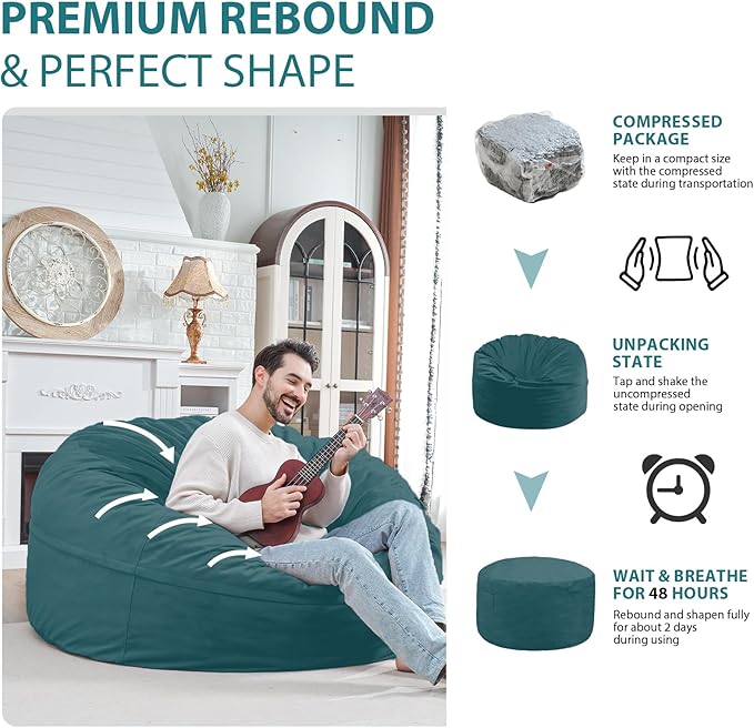 5FT Bean Bag Chair, Large Bean Bag Chairs with Memory Foam Filled, Fluffy Beanbag Sofa with Dutch Velvet Cover, Round BeanBag Chairs for Living Room, Playroom- Sea Blue-CubbioJoy