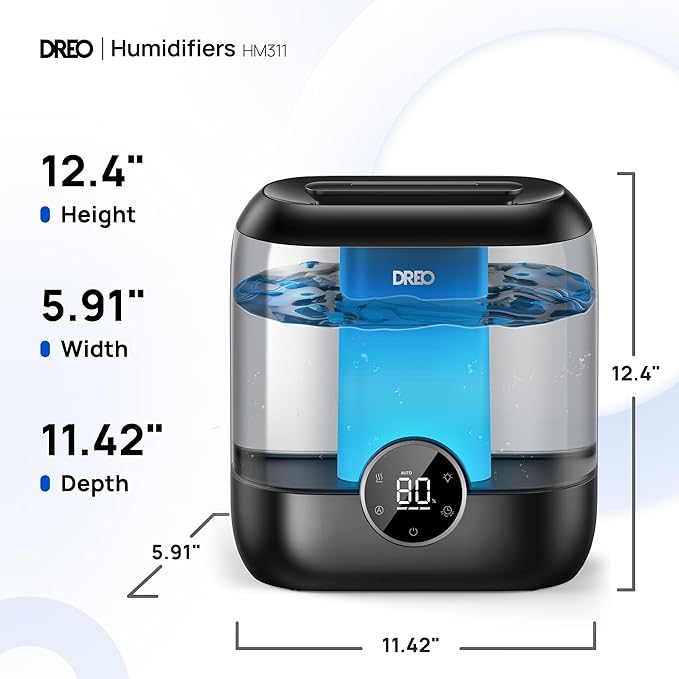 Dreo 6L Top Fill Humidifiers for Bedroom, 60H Runtime Supersized Cool Mist Humidifier for Large Room, 28 dB Quiet Baby Air Humidifiers for Nursery, Plants, Indoor, Night Light, LED Display, Ultrasonic-CubbioJoy
