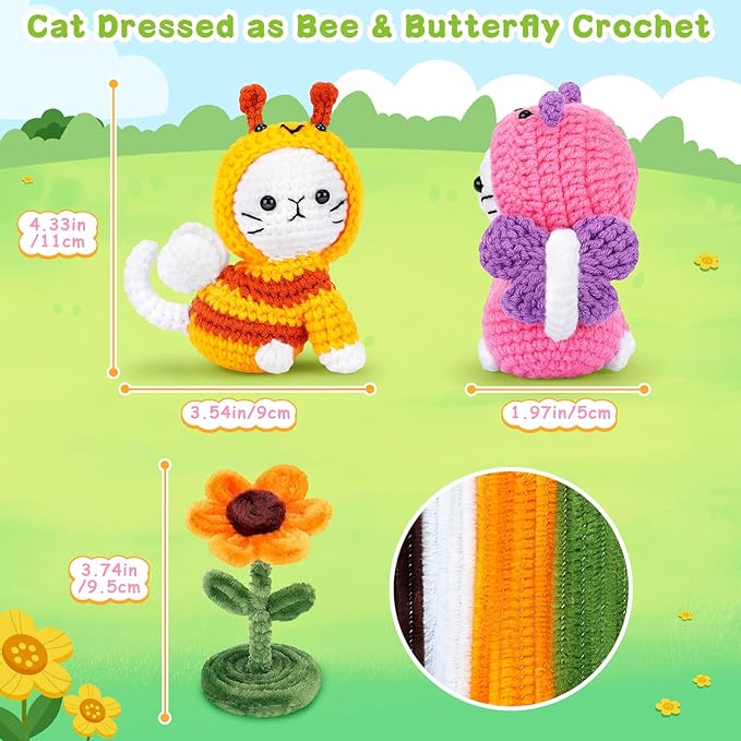 Crochet Kit for Beginners, 2PCS Cats Dressed as Bee and Butterfly Crochet Kits with Step-by-Step Video Tutorials, Beginner Crochet Kits for Kids and Adults, Animal Crocheting Kit for Starters-CubbioJoy