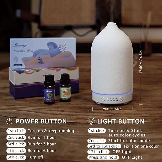 200ML Ceramic Essential Oil Diffuser - Ultrasonic Aromatherapy & Humidifier with 7-Color LED Lights, Auto Shut-Off, White, 1H/3H/6H Timer | Scent for Home,Office,Yoga-CubbioJoy