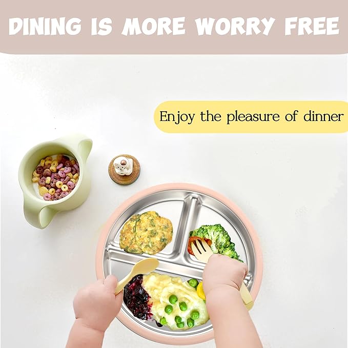 3Pack Stainless Steel Kids Plates, 8.1" Divided Toddler Plates with Removable Silicone Suction Sleeves for Baby Highchairs, Non Toxic BPA Free Non-Slip Unbreakable Snack Lunch Plate-CubbioJoy