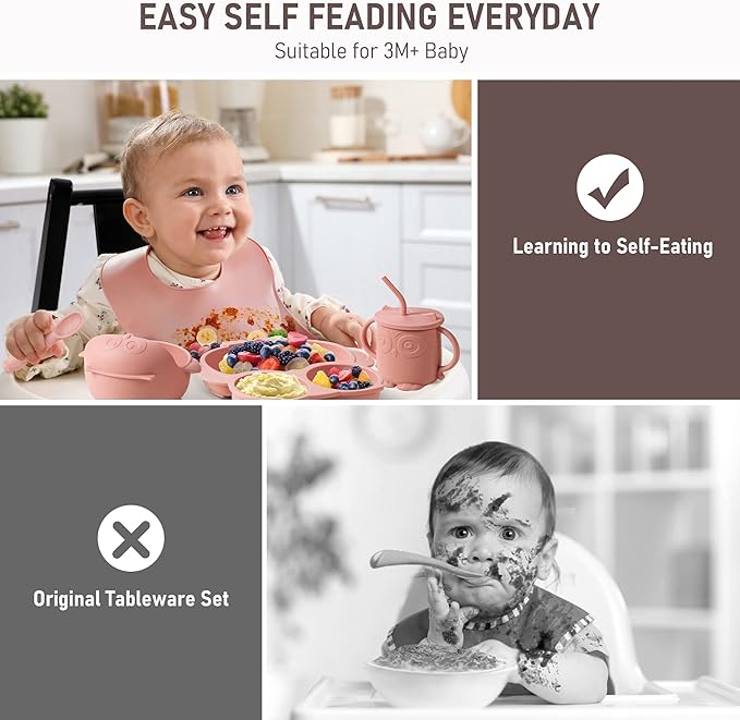 Baby Weaning Set - Silicone Toddler Feeding Set (10 Pcs) with Adjustable Bib, Suction Bowl, Plate, Fork, Spoon, Water & Snack Cup Kit - Baby Led Weaning Kit-CubbioJoy