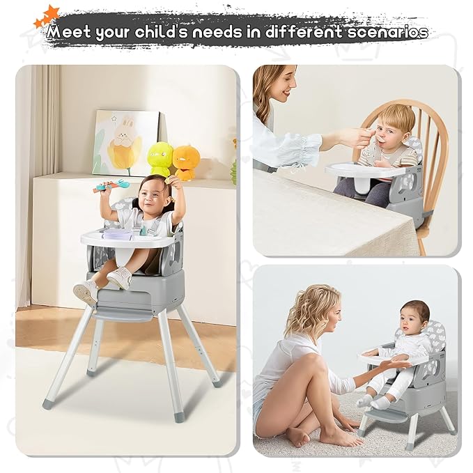 4 in 1 Portable Baby High Chair,Convertible Highchair for Babies & Toddlers-Foldable Infant Booster Seat,Carry Small Box,Dining Chair,Toddler High Chair with 5-Point Harness,Removable Tray-Grey-CubbioJoy