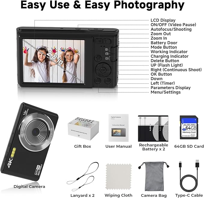 Digital Camera FHD 4K Kids Camera 44MP with 64GB SD Card 2 Batteries Autofocus 16X Digital Zoom Compact Portable Point and Shoot Digital Small Vintage Camera for Teens Boys Girls Students (Black)-CubbioJoy