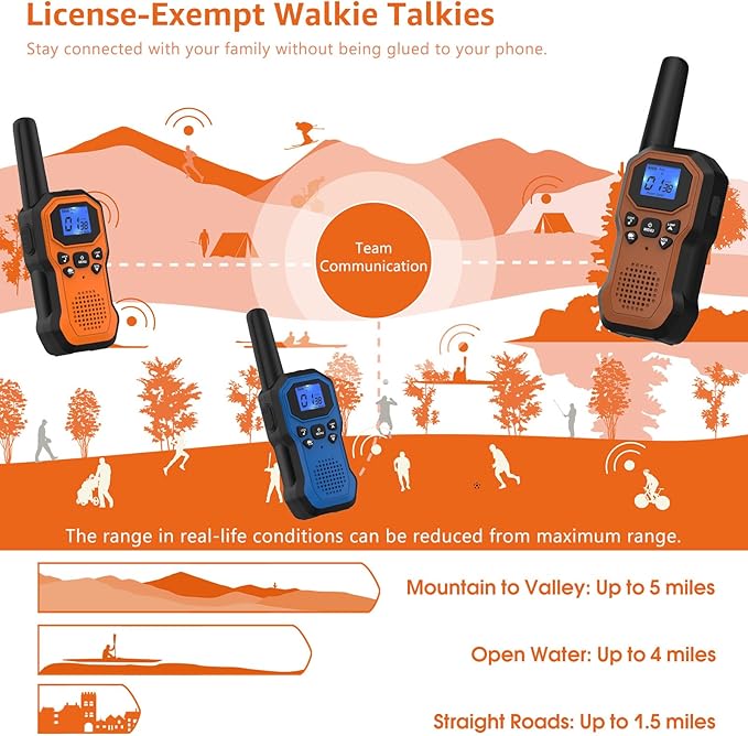 2 Way Radios for Adults Long Range Walkie Talkies for Kids Rechargeable 4 Pack, Camping Hiking Skiing Cruising Gear with Lamp, USB-C, SOS Siren, NOAA Alert, iVOX Hands-Free, One-Touch Pairing-CubbioJoy
