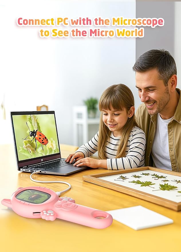 2-in-1 Microscope Camera for Kids, Mini Handheld Microscope Supporting Multiple Viewing Angles, Outdoor Educational Science Adventure Toys, Birthday Gifts for 3-10 Years Old Girls, Pink Cat-CubbioJoy