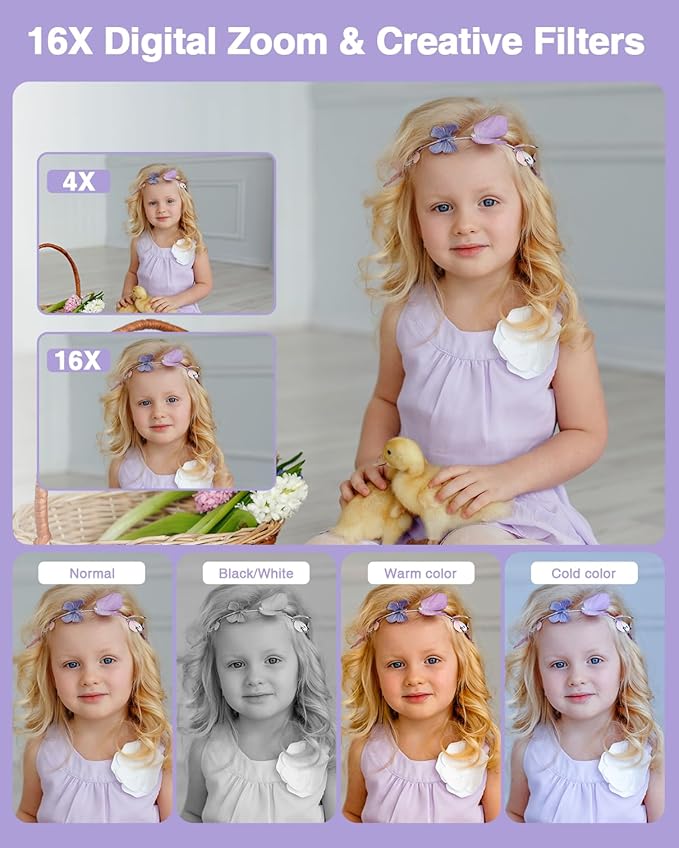 Digital Camera, Kids Camera FHD 1080P Point and Shoot Camera with 16X Zoom Anti Shake, Small Compact Camera for Teen Starter Children Kid Student Girl Boy(Purple)-CubbioJoy