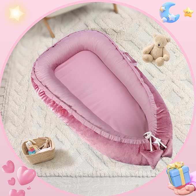 Baby Lounger - Baby Lounger for Newborn 0-24 Months, Breathable & Soft Cotton and Velvet Cover Baby Nest, Portable Tummy Time Lounger for Home and Travel, Ideal Baby Essentials & Shower Gifts-CubbioJoy