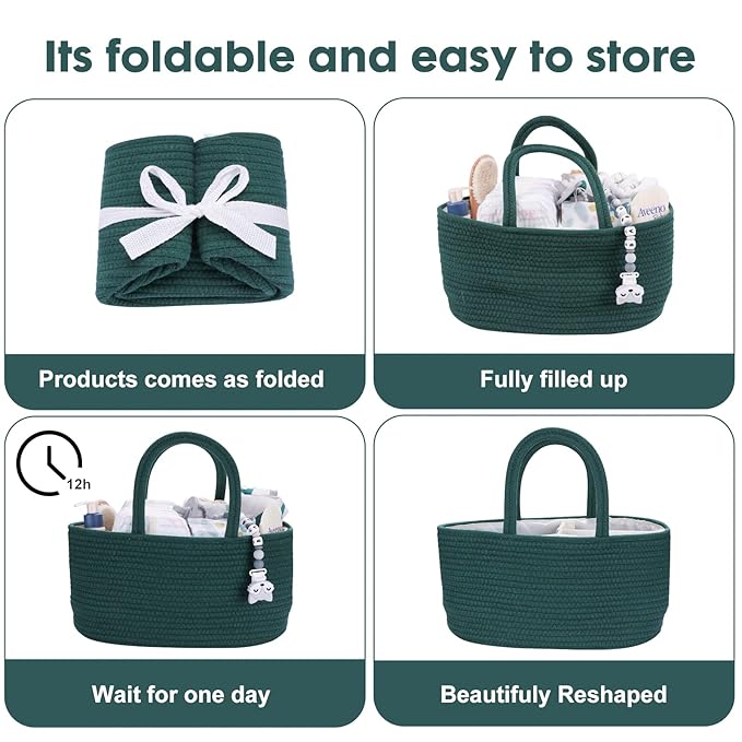 Baby Diaper Caddy Organizer for Girl Boy Rope Nursery Storage Bin Basket Portable Holder Tote Bag for Changing Table Car Travel Baby Shower Gifts Newborn Essentials Registry Must Have Items Dark Green-CubbioJoy