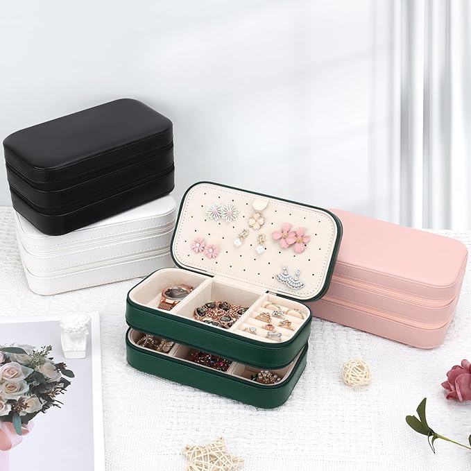 DesignSter Small Travel Jewelry Box with Double Zipper, 2 Layers PU Portable Jewelry Case for Women and Girls,Travel Jewelry Organizer for Rings, Earrings, Necklaces, Bracelets,Dark green-CubbioJoy