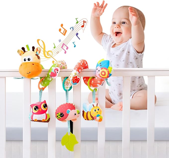 Jollybaby Crib Stroller Car Seat Toys for Baby 0-3-6-9-12 Months, Tummy Time Hanging Sensory Toys for Newborn with Music Box and Teether, Spiral Carseat Toy for Infant Boys Girls Gifts (Yellow)-CubbioJoy