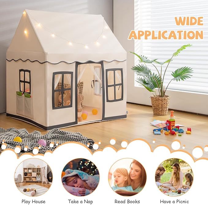 INFANS Kids Play Tent with Washable Mat Star Light Windows, Anti-Trip Large Playhouse Toys for Children Boys Girls, Indoor Outdoor Princess Tents Castle for Toddlers (Black)-CubbioJoy