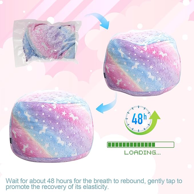 Kids Bean Bag Chair Turn into Beanbag Bed, Unicorn Toddler Bean Chair for Girl Boy Sleeping, Lazy Children Bean Bags with Filler, Convertible Child Floor Mattress, Colorful Rainbow-CubbioJoy