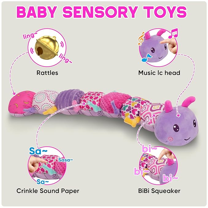 Baby Girls Toys 0-6 Month Baby Stuffed Animal Toys for 0-6 6-12 Months & A Pair of Wrist | Baby Musical Caterpillar Tummy Time Toy | Newborn Infant Sensory Toy for 1 2 Years Old Boys Girls.-CubbioJoy