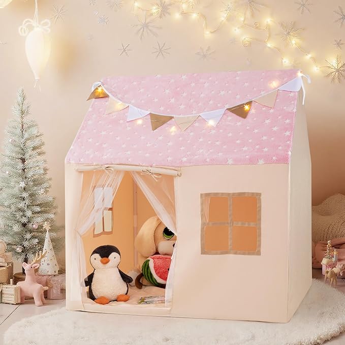 INFANS Kids Play Tent with Glow in The DarkWashable Mat Star Light Windows, Anti-Trip Large Playhouse Toys for Children Boys Girls, Indoor Outdoor Princess Tents Castle for Toddlers (Fluorescent Pink)-CubbioJoy