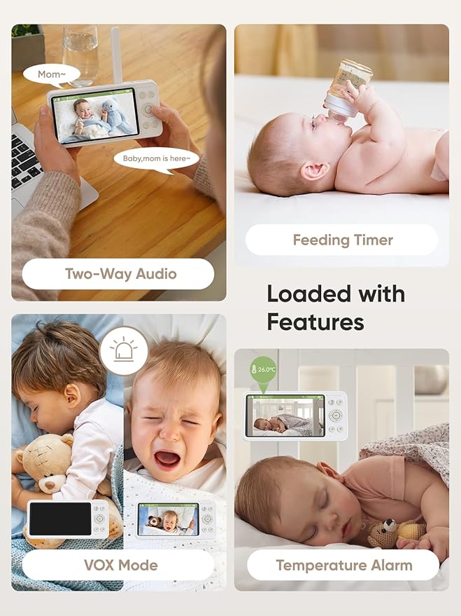 bonoch Add-on Baby Camera Unit for BBM14/BBM16, 1440p HD Video Baby Monitor Camera No WiFi, Security Split-Screen, Auto Night Vision, 4X Zoom, 2-Way Audio, Temperature Sensor, 3 White Noise 3Lullabies-CubbioJoy
