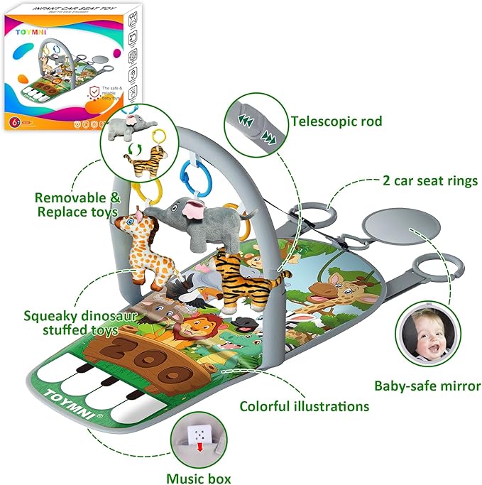 Car Seat Toys for 6-12 Months - Musical Pedal Piano with Baby Mirror, Squeaky Sensory Soft Animal Toys for Rear Facing Carseats-CubbioJoy