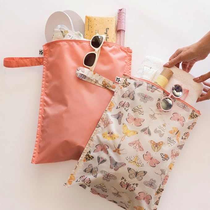 Tiny Twinkle Mess- Proof Waterproof Wet Dry Bag | 2-Packk Reusable Wet Bags for Swimsuits & Baby Clothes | Leakproof Wet Bag for Travel & Diaper Changes for Baby (Flutter)-CubbioJoy