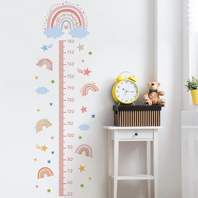 3D Cartoon Height Growth Chart for Kids - Removable DIY Pink Rainbow Wall Decal Peel and Stick Stars and White Clouds Wall Art Decor for Kids Nursery, Bedroom, Bathroom-CubbioJoy
