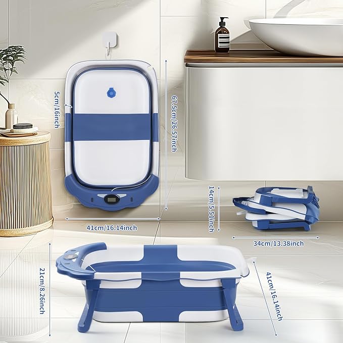 Baby Bathtub,Collapsible Baby Bath Tub with Thermometer & Soft Floating Cushion,Portable Travel Baby Bathtubs for Newborns to Toddlers 0-36 Months(Bear Blue)-CubbioJoy