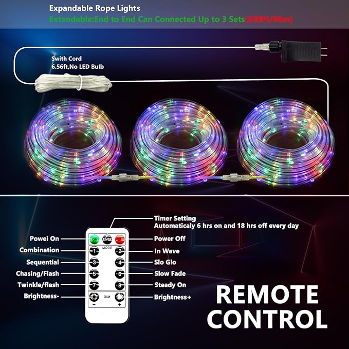 132FT Rope Lights for Outside,2 Pack 66FT Connectable String Lights Outdoor Waterproof IP67,8 Modes 400 LEDs Rope Lighting for Garden,Party,Indoor Bedroom,Christmas Eaves Decor,Coloured-CubbioJoy