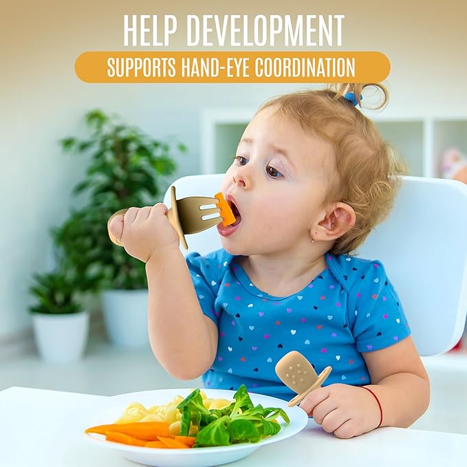 4pc Silicone Baby Spoons Self Feeding Baby Utensils 6-12 Months - 3 Baby Spoon - 1 Baby Fork - Toddler Cutlery Set - BPA Free, Dishwasher Safe - Baby Eating Essentials (Green/Yellow) - Small-CubbioJoy