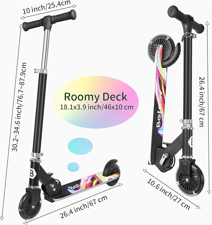 BELEEV V2 Scooters for Kids with Light-Up Wheels & Stem & Deck, 2 Wheel Folding Scooter for Girls Boys, 3 Adjustable Height, Non-Slip Pattern Deck, Lightweight Kick Scooter for Children Ages 3-12-CubbioJoy