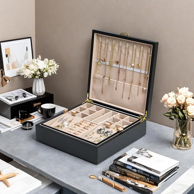 2-layer jewelry box,Jewelry Organizer with Handle,with hanging necklace hooks, detachable jewelry trays, suitable for storing a large amount of jewelry gift box (Large-Black)-CubbioJoy