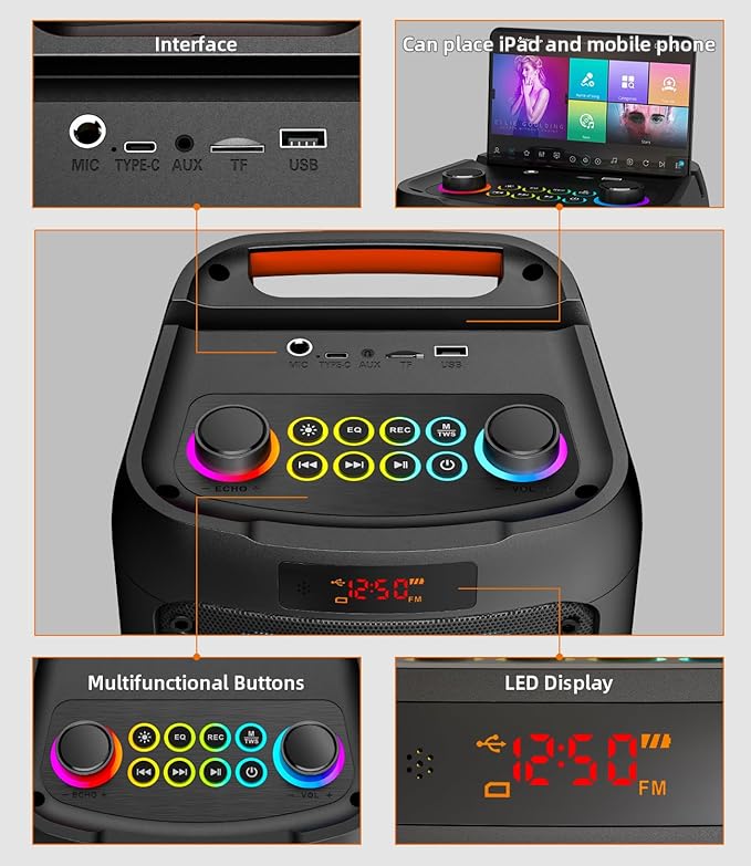 Karaoke Machine for Adults, Portable Bluetooth Speaker with 2 Wireless Microphones, Portable PA System with Disco Lights for Big Party, Outdoor, Ideal Gifts for Family, Music Lover-CubbioJoy