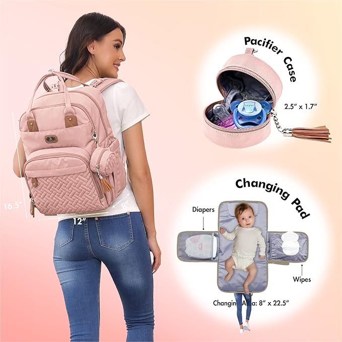 Dikaslon Diaper Bag Backpack with Portable Changing Pad, Pacifier Case and Stroller Straps, Large Unisex Baby Bags for Boys Girls, Multipurpose Travel Back Pack Moms Dads, Pink-CubbioJoy