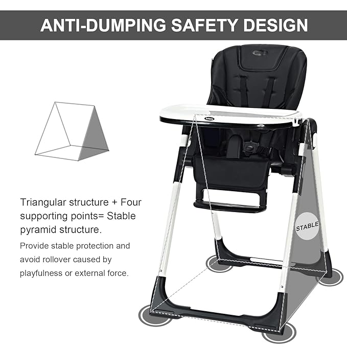 INFANS High Chair for Babies & Toddlers, Foldable Highchair with Multiple Adjustable Backrest, Footrest and Seat Height, Removable Tray, Detachable PU Leather Cushion, Built-in Rear Wheels (Black)-CubbioJoy