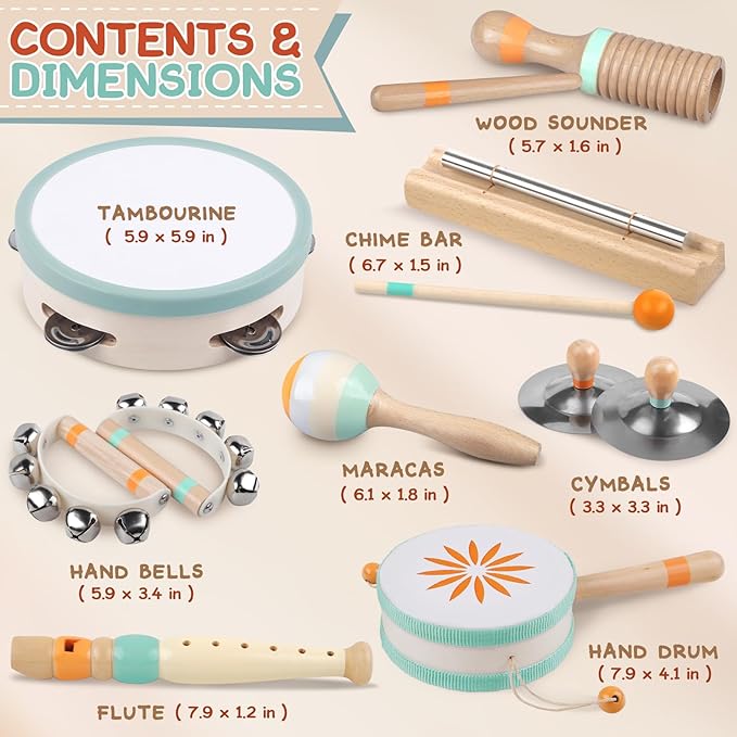 Baby Musical Instruments - Montessori Musical Toys for Toddlers 1-3, Wooden Percussion Instruments Set, Neutral Colors Modern Boho Music Toys for 1 Year Old, Kids Preschool Educational Birthday Gifts-CubbioJoy