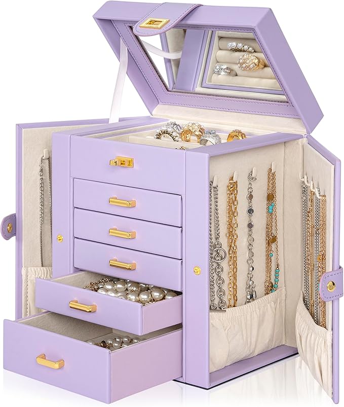 AKOZLIN Jewelry Box Organizer Functional Leather Jewelry Storage Case for Women Girls Ring Necklace Earring Bracelet Holder Organizer with Mirror Purple-CubbioJoy