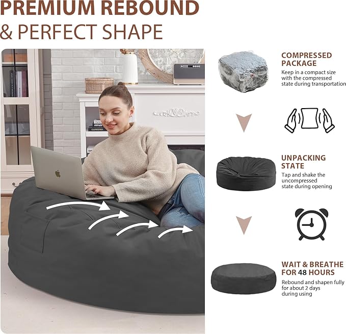 7FT Bean Bag Chair, Large Bean Bag Chairs with Memory Foam Filled, Fluffy Beanbag Sofa with Dutch Velvet Cover, Round BeanBag Chairs for Living Room, Playroom - Grey-CubbioJoy