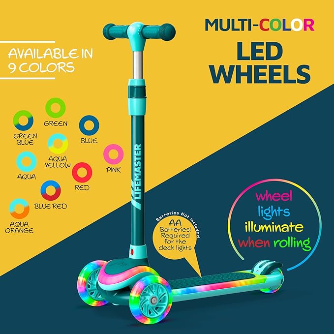 3-Wheel Kids Scooter with Multi-Color Lights on Deck & Wheels – 5-Height Adjustable Handlebar, Wide Anti-Slip Deck, Child Safety Certified, Boys & Girls Ages 3+ Supports Up to 150 lbs-CubbioJoy