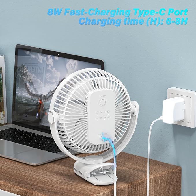 12000mAh Clip on Fan 30H Longest Runtime, 8in Portable Fan Rechargeable, Ultra Quiet with Heavy-Duty Clamp, USB Desk Fans for Golf Cart,Office Desk, Treadmill, Camping, Bedroom-CubbioJoy
