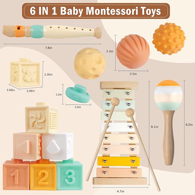 Baby Toys 6-12 Months Montessori Toys for Babies 9 Months,Wooden Musical Instruments Toy Stacking Building Blocks,Infant Teething Toys Sensory Balls,Xylophone,Birthday Gift for Toddlers 1+ Year Old-CubbioJoy