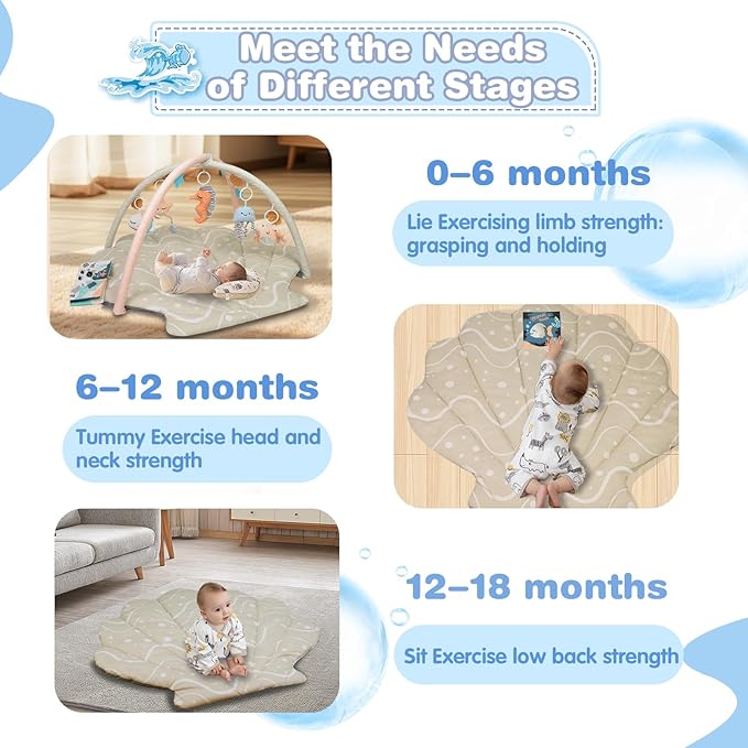 Baby Play Mat, Oversize Shell Tummy Time Mat with 6 Detachable Baby Activity Toys, Baby Gyms & Playmats for Babies 0-6 Months, Baby Mat for Floor Newborn Baby Shower Gifts (Beige)-CubbioJoy