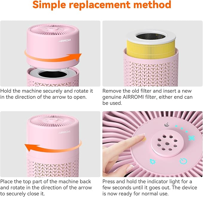 AIRROMI Pets Air Purifier for Home Allergies,Up to 660 ft².Yellow Deodorizing Activated Carbon Filter,With Fragrance Sponge for Better Sleep,Night Light,Pet Dander,Smoke,Odors,Air Cleaner A2002 Pink-CubbioJoy