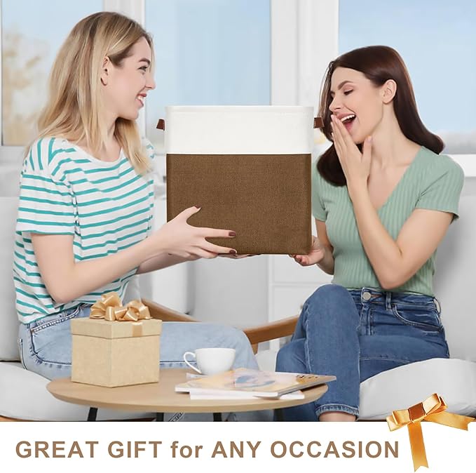 13x13 Cube Storage Bins, Collapsible Fabric Storage Box, 4 Pack Closet Baskets with Handles for Organizing, Shelf, Toys, Clothes, Home, Office, Nursery (Brown&White)-CubbioJoy