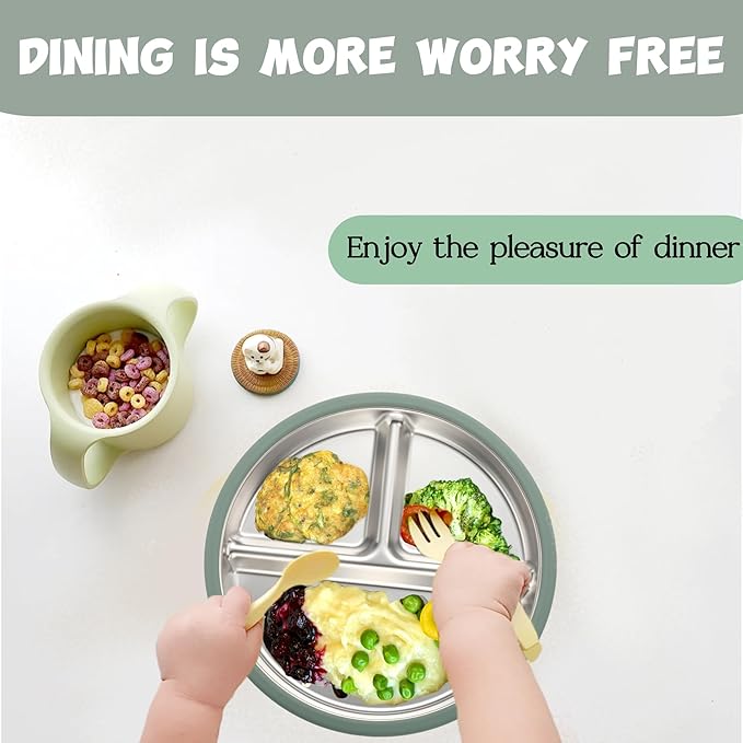 3Pack Sainless Steel Kids Plates with Suction, 8.1” Divided Toddler Baby Plates with Removable Silicone Sleeves BPA Free Non-Slip 2-in-1 Anti Breakage Metal Toddler Bowls-CubbioJoy