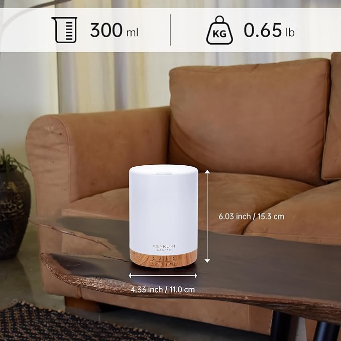 ASAKUKI 300ML Essential Oil Diffuser, Quiet 5-in-1 Premium Humidifier, Home Fragrance Aroma Diffuser with 7 LED Color Changing Light and Auto-Off Switch -Light Brown-CubbioJoy