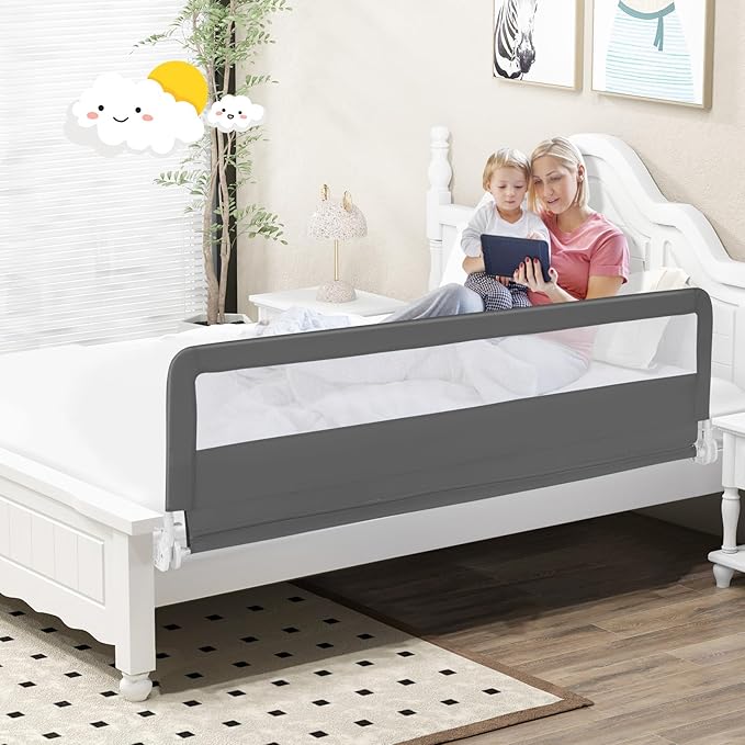 BABY JOY Bed Rails for Toddlers, 71'' Extra Long, Swing Down Bed Guard w/Safety Strap, Folding Baby Bedrail for Kids Twin, Double, Full Size Queen & King Mattress (71-Inch, Gray)-CubbioJoy