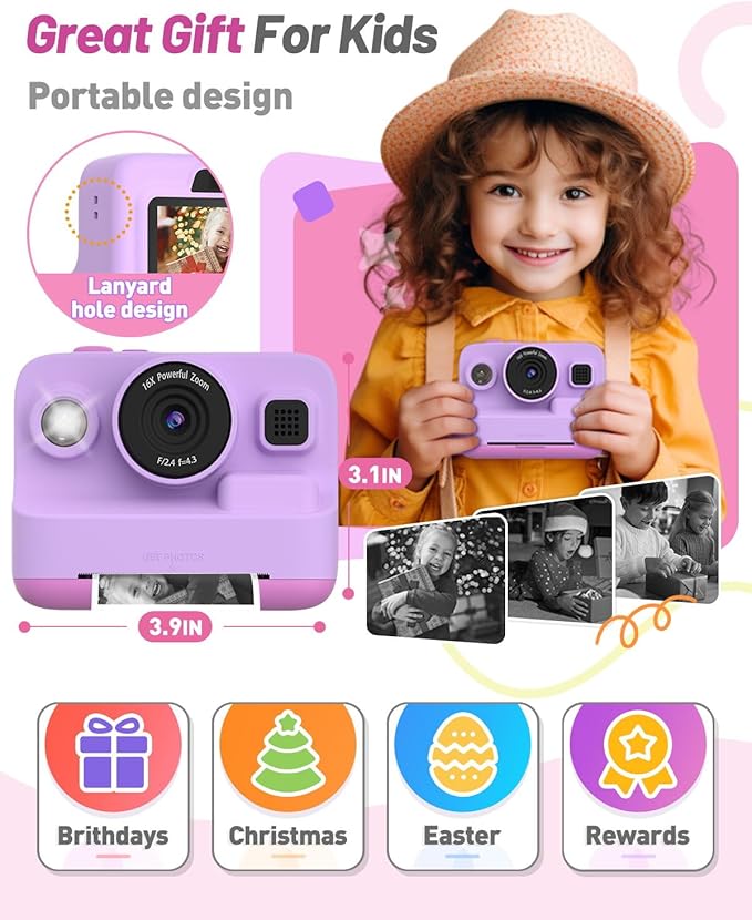 Instant Print Camera for Kids, Christmas Birthday Gifts for 3-12 Year Old Girls Boys, 2.4in Screen 1080P Video Digital Camera Toys for Kids Age 4 5 6 7 8 9 10 with 3 Rolls Print Paper 32G Card-CubbioJoy