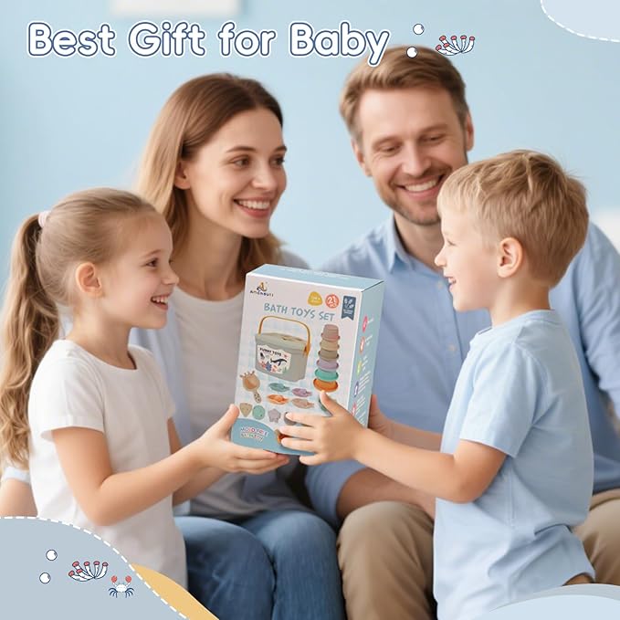 Bath Toys, 21PCS | Montessori Toys for Babies with Shapes for Sorting Play & Stacking Cups | Bath Boats & Spoon with Storage Container | Educational & Mold Free Bathtub Water Toys for Toddler Gifts-CubbioJoy