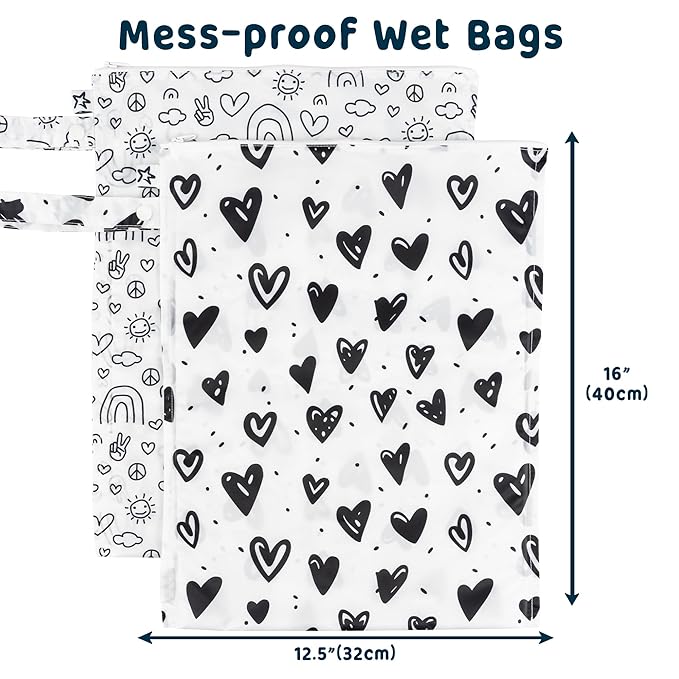 Tiny Twinkle Mess-Proof Waterproof Wet Dry Bag | 2-Pack Reusable Wet Bags for Swimsuits & Baby Clothes | Leakproof Wet Bag for Travel & Diaper Changes for Baby (Black, White)-CubbioJoy