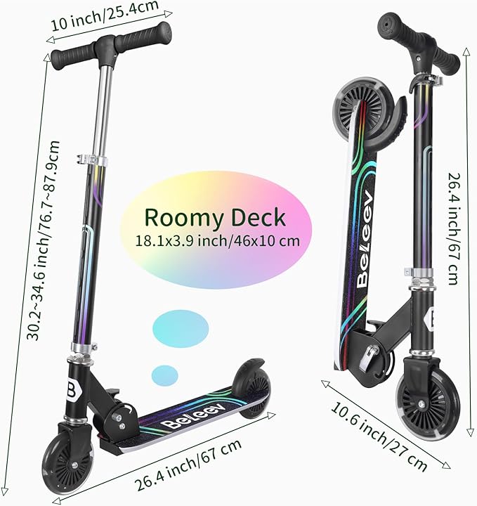 BELEEV V2 Scooters for Kids with Light-Up Wheels & Stem & Deck, 2 Wheel Folding Scooter for Girls Boys, 3 Adjustable Height, Non-Slip Pattern Deck, Lightweight Kick Scooter for Children Ages 3-12-CubbioJoy